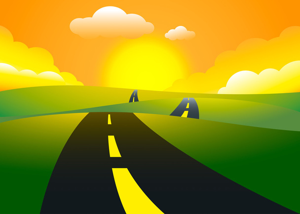 Route sur les collines coucher de soleil paysage, illustration vectorielle
 - Vecteur, image