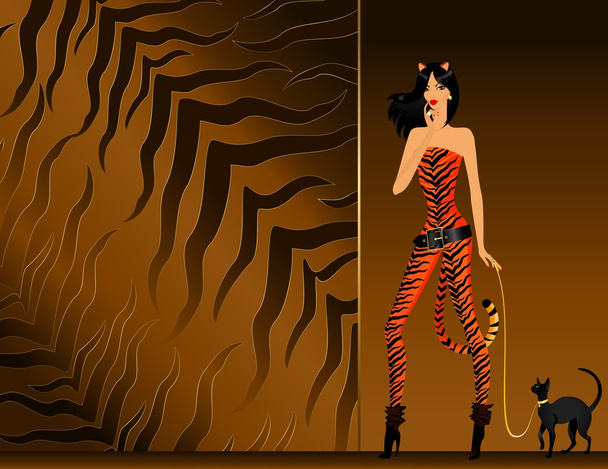 Beautiful girl in a suit tigress with cat - Vector, Image