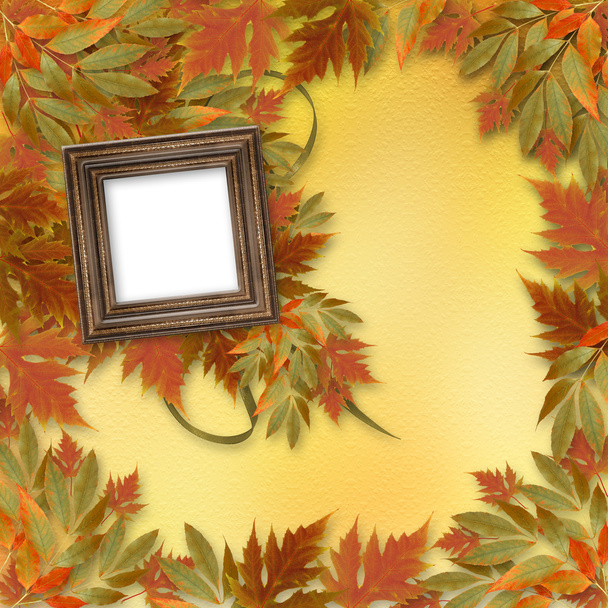 Bright autumn leaves on the abstract background with wooden fram - Φωτογραφία, εικόνα