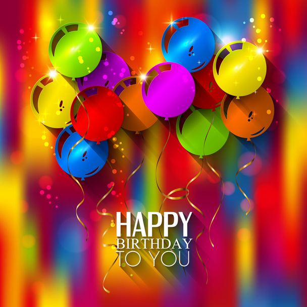 Birthday card with balloons and ribbons on multicolored background. - Vector, Image