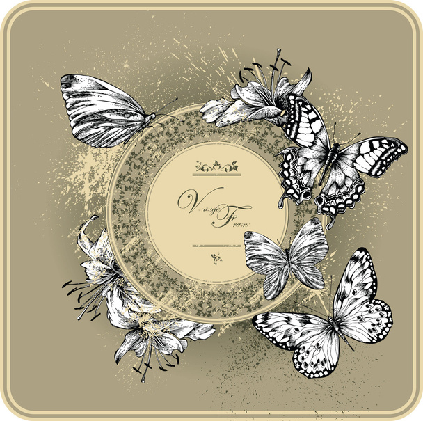 Vintage frame with blooming lilies and butterflies, hand drawing. - Vector, afbeelding