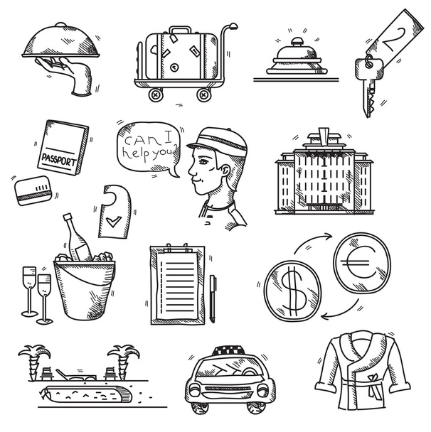 Szállodai szolgáltatások-ikonok, doodle kézzel rajzolt stílusban koncepció nyaralás nyári utazási - Vektor, kép