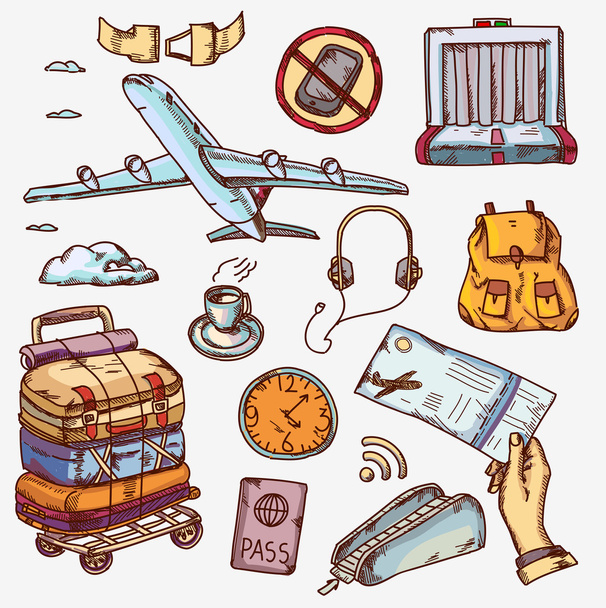 αεροδρόμιο και αεροπορικά ταξίδια εικονίδια έννοια που ταξιδεύουν με αεροπλάνο τουρισμού ταξίδι επιβατών αντικείμενα - Διάνυσμα, εικόνα