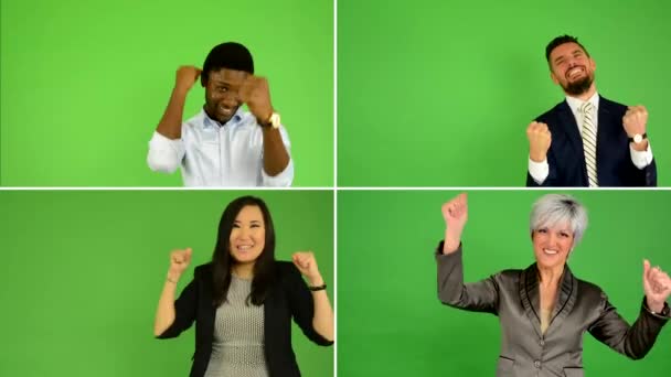4k összeállítás (montázs)-az emberek örvendeznek (kaukázusi nő és férfi, ázsiai nő, fekete ember)-zöld képernyő stúdió - Felvétel, videó