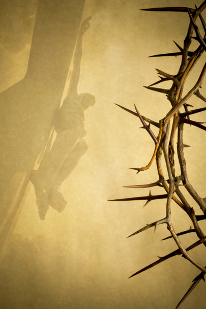 Easter photo background illustration with Crown of Thorns on Parchment Paper with Jesus Christ on the Cross faded into the background. - Photo, Image