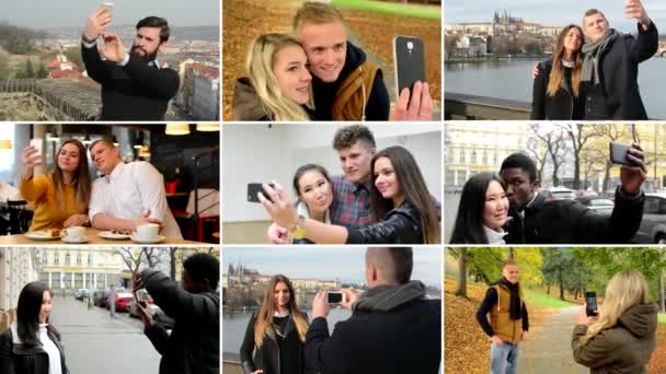 4K kokoelma (montaasi) - onnellinen monikulttuurinen ihmiset ottavat valokuvan (selfie) - katu, sali, puisto ja silta
 - Materiaali, video