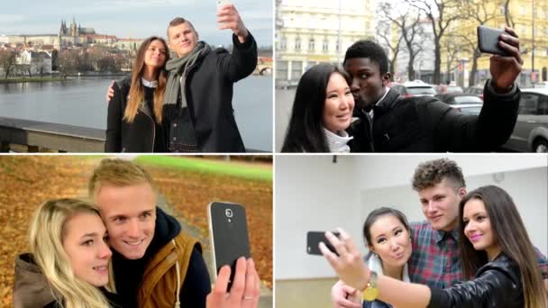 4k derleme (montaj) - mutlu çok kültürlü insanlar fotoğraf çekmek (selfie) - sokak, salon, park ve köprü - Video, Çekim