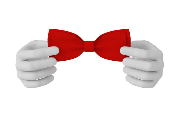 3d white human hand straightens bow tie . White background. - Zdjęcie, obraz