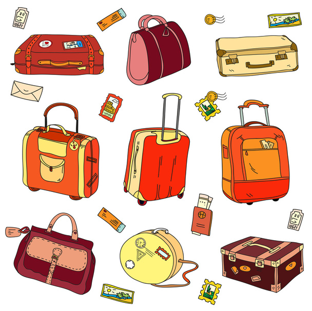 Collection of vintage travel suitcases with stickers  - Vector, Image