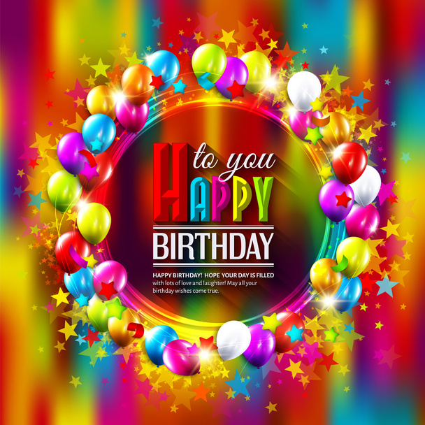 Cartão de aniversário com estrelas, balões e confetes em fundo multicolorido
. - Vetor, Imagem
