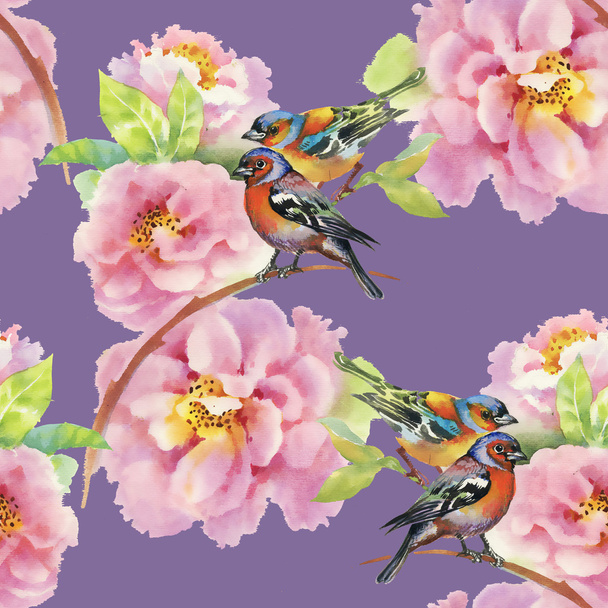 Birds with garden flowers - Foto, afbeelding