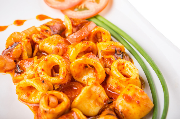 Plato malayo de calamares fritos con sambal picante y picante salsa de chile con cebolla y tomates en plato blanco
. - Foto, Imagen