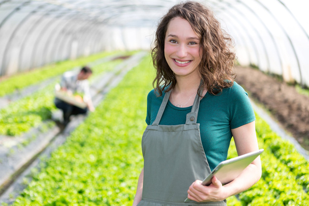 Portrait of an attractive farmer in a greenhouse using tablet - Zdjęcie, obraz