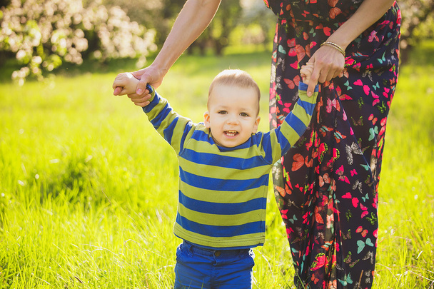 Περπατώντας στο καταπράσινο πάρκο κρατώντας τα χέρια της μητέρας το μωρό - Φωτογραφία, εικόνα