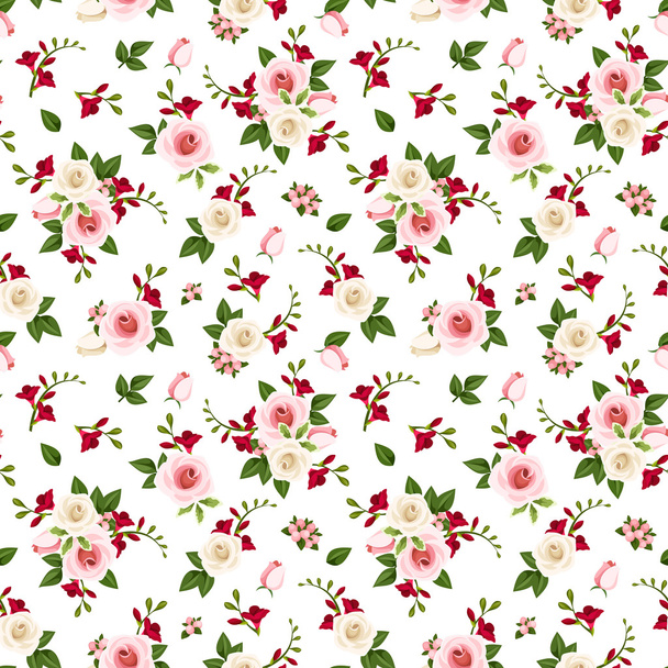 Vector seamless pattern with roses and freesia flowers. - Vector, Imagen