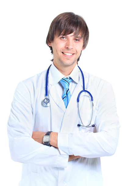 若い男性医師の肖像画、白い背景で隔離 - 写真・画像