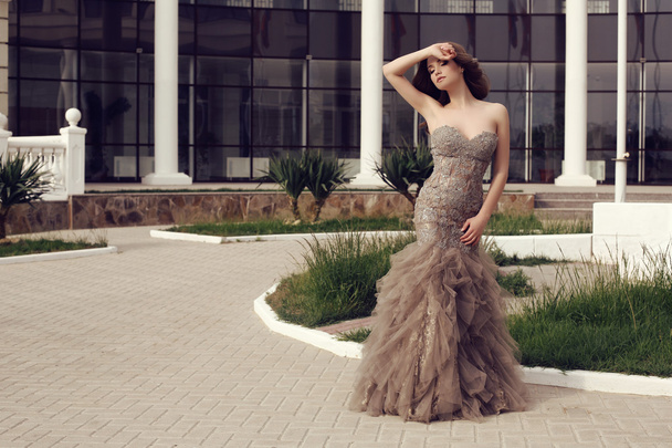 femme sensuelle avec de longs cheveux foncés en robe de paillettes luxueuse
  - Photo, image