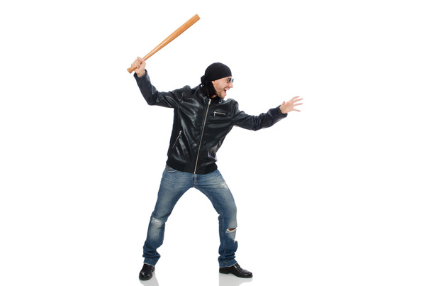 Aggressive man with baseball bat on white - Фото, зображення