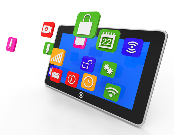 Tablet de mídia social mostra aplicativos de computador e portátil
 - Foto, Imagem