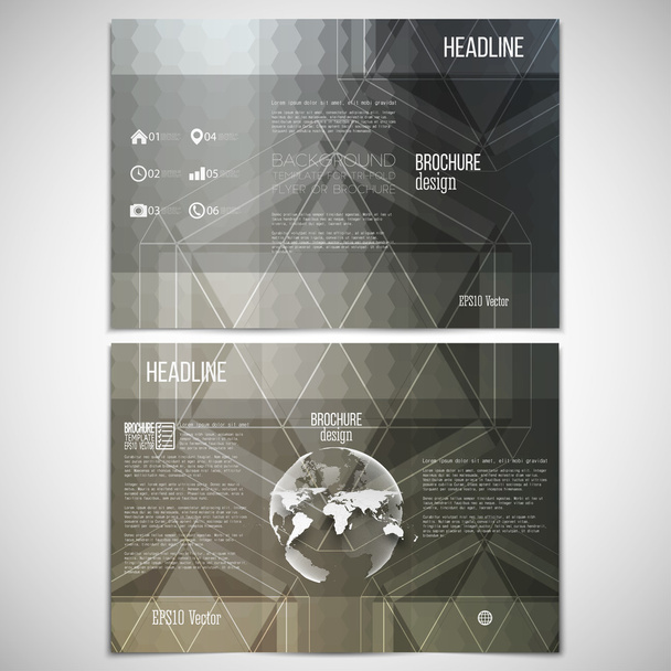 Vector set of tri-fold brochure design template on both sides with world globe element. Abstract pattern, blurred hexagonal background, minimalistic geometric template, vector illustration - Vettoriali, immagini
