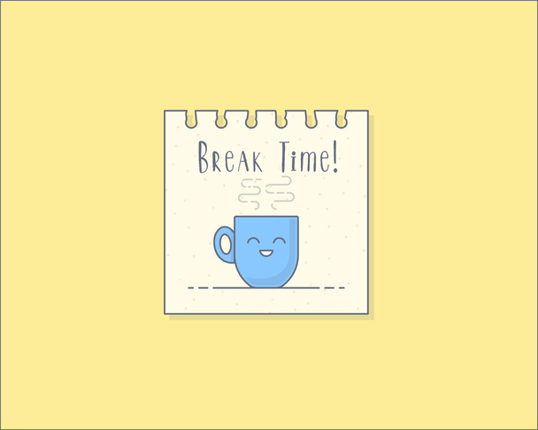 ベクトル図では、青いカップの熱いお茶やコーヒー紙スティックに。無料オフィスの時間と休憩のコンセプト - ベクター画像
