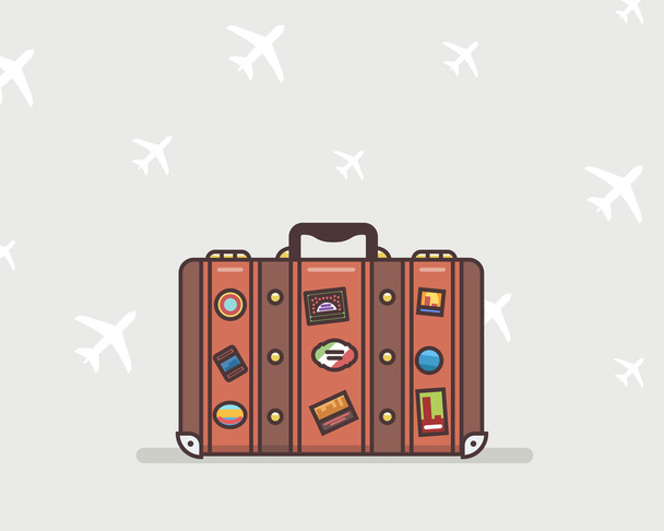Vektoros illusztráció egy barna utazási bőrönd a matricákat a szürke háttér, repülőgépek - Vektor, kép