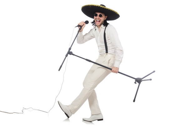 Funny man wearing mexican sombrero hat isolated on white - 写真・画像