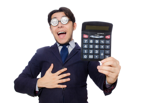 Homem engraçado com calculadora isolada em branco
 - Foto, Imagem