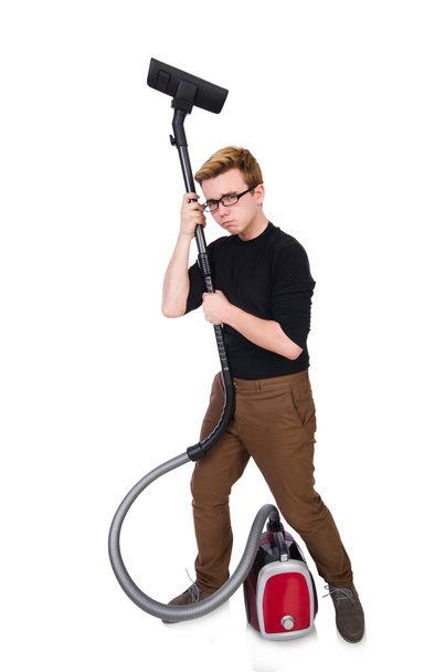 Funny man with vacuum cleaner on white - Φωτογραφία, εικόνα