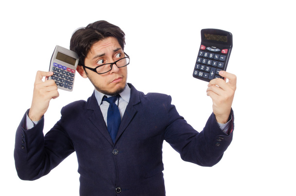 Zabawny człowiek z kalkulatora na białym tle - Zdjęcie, obraz