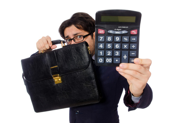 Hombre divertido con calculadora aislado en blanco
 - Foto, imagen