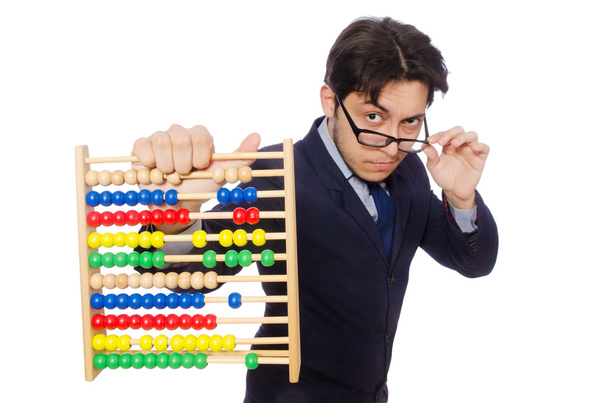 Komik işadamı ile üzerine beyaz izole abacus - Fotoğraf, Görsel