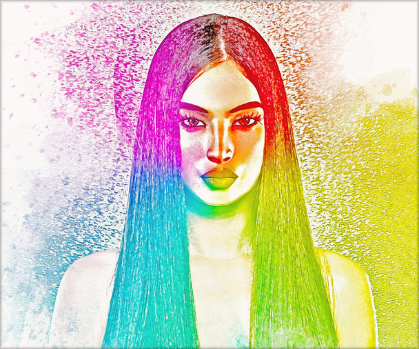 Abstract image of brunette woman with long straight hair.  This modern digital art look is a colorful pop image of a beautiful woman close up. - Φωτογραφία, εικόνα