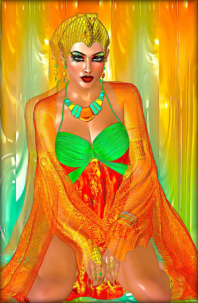 Princesse égyptienne en soie orange et vert émeraude avec de beaux cosmétiques de mode, maquillage et couronne dorée
. - Photo, image