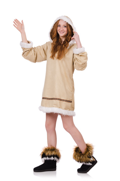 Eskimo dziewczyna nosi ubrania wszystkich futer na białym tle - Zdjęcie, obraz