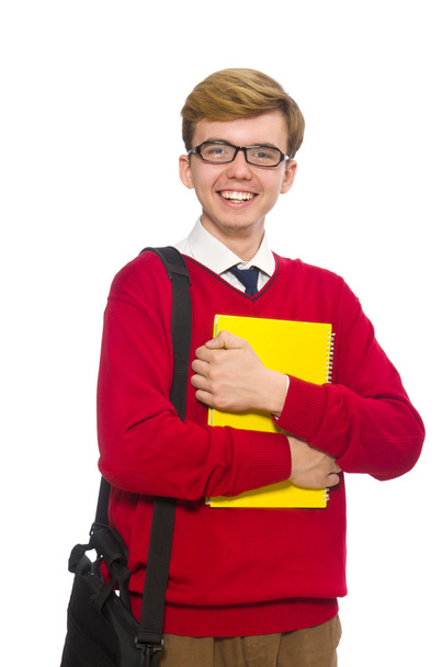 Student with bag and paper isolated on white - Photo, Image