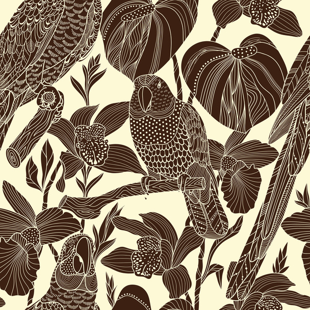 Parrots and tropical flowers. Vector seamless pattern - Vektor, Bild