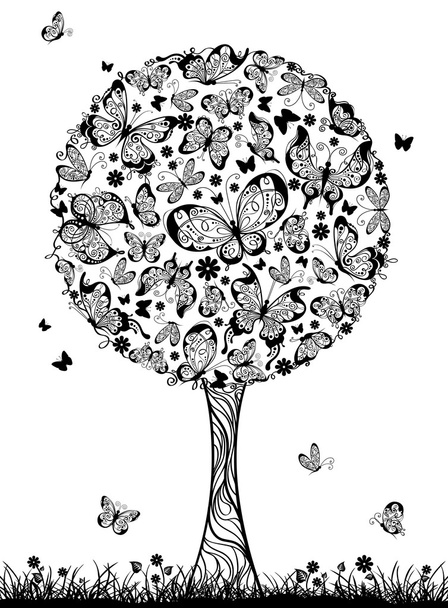 Abstract tree with butterflies. - Вектор,изображение