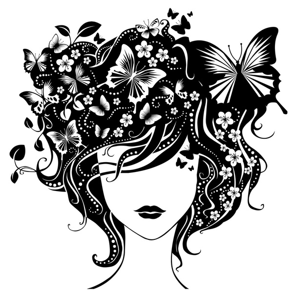 Abstract girl with butterflies in hair.  - Vettoriali, immagini
