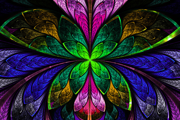 Разноцветный симметричный фрактальный узор в виде цветка или бабочки
  - Фото, изображение