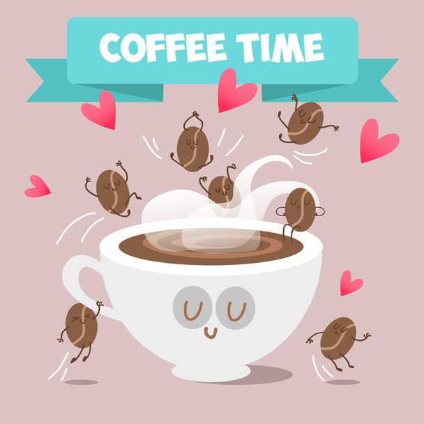 Cup of coffee and coffee beans frolicking - Vector, Image