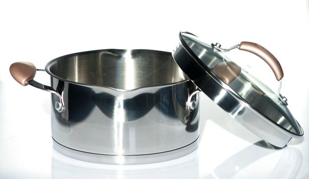 Stainless steel pot. View from above. Selective focus.Little of DOFF - Фото, зображення