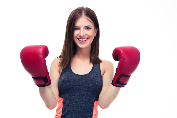 Happy sporty woman with boxing gloves - Foto, afbeelding