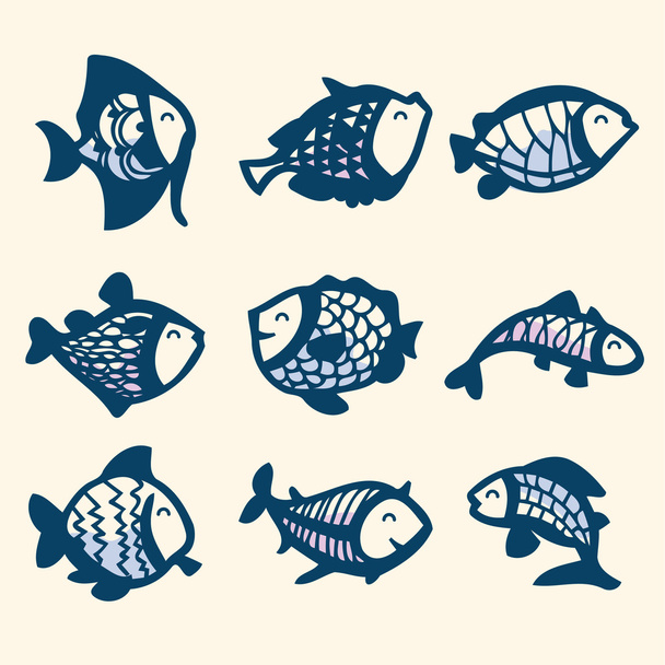 Ink Stained Fish Doodles - Vector, Image
