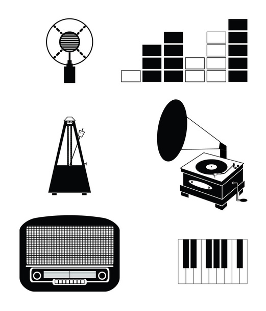 Musikspieler und Komponenten Band 3 einschließlich Vintage-Mikrofon, Ton- und Stimmindikatoren, Metronom, Klaviertasten, Grammophon, Klaviertasten, Retro-Radio - Vektor, Bild