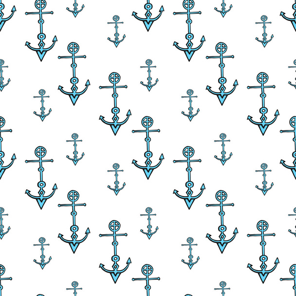 Seamless nautical background with anchors. Hand drawn blue anchors seamless pattern. - Vettoriali, immagini