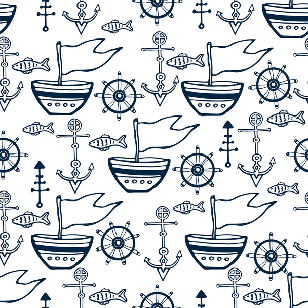 Sea life doodle set. Nautical sketch collection with ship, dolphin, shells, fish anchors and helm . Vector illustration. Can use for object printing and web - Wektor, obraz