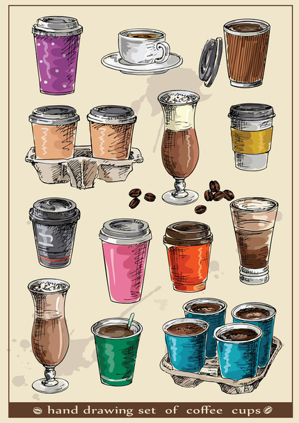 Hand drawing set of coffee cups - Вектор,изображение
