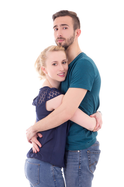 koncepcja miłości - szczęśliwy młody mężczyzna i kobieta przytulanie na białym tle na whi - Zdjęcie, obraz