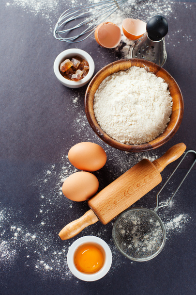 flour, eggs and rolling pin - Photo, Image